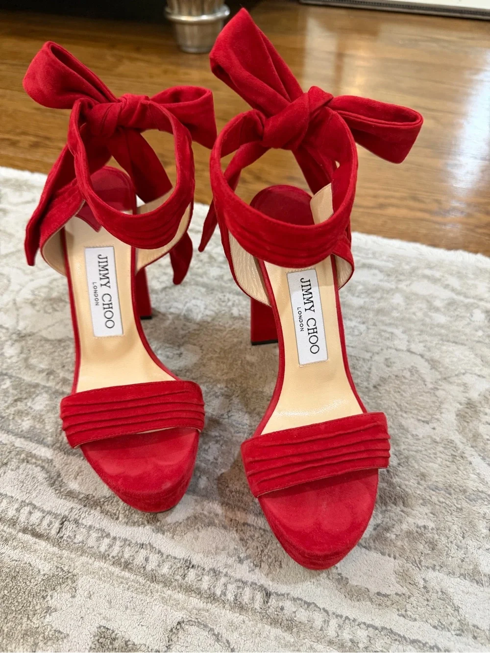 Jimmy Choo Red Soft Suede Kaytrin 120,5 inch Platform Block Heels with Ankle Bow